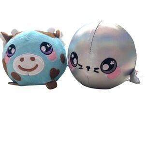 Lot of 2 Squeezamals Plush Blue Cow & Silver Seal Mini Stuffed Animals 3.5"